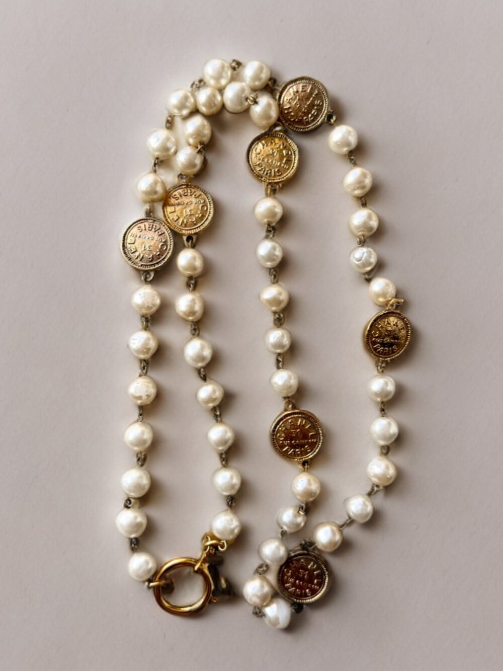 Chanel Vintage Faux Pearl Gold-Plated 1980s Medallion Necklace